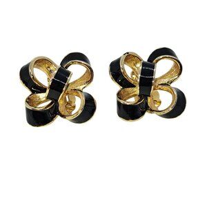 Donald Stannard black bow CLIP earrings on gold tone metal